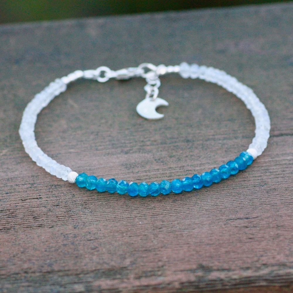 New Natural Neon Blue Apatite, Moonstone Bracelet Sterling Silver , 7.6" - 8.15"